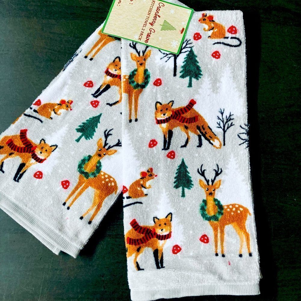 Christmas Woodlands Deer Fox Mice Kitchen Dish Towels Set